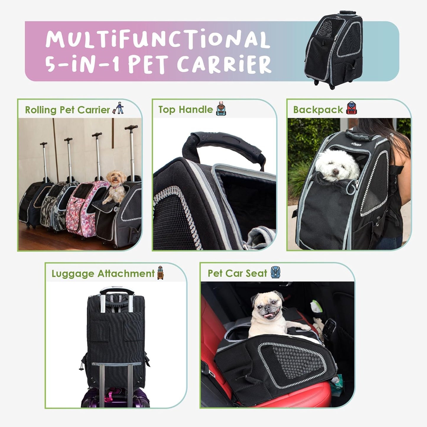5-In-1 PET Carrier, Features: Rolling, Top Handle, Backpack, Luggage Attachment, Car Seat All in ONE for Small to Medium Dog, Cat, Bunny, Supports Pets up to 25LBS - Pepper