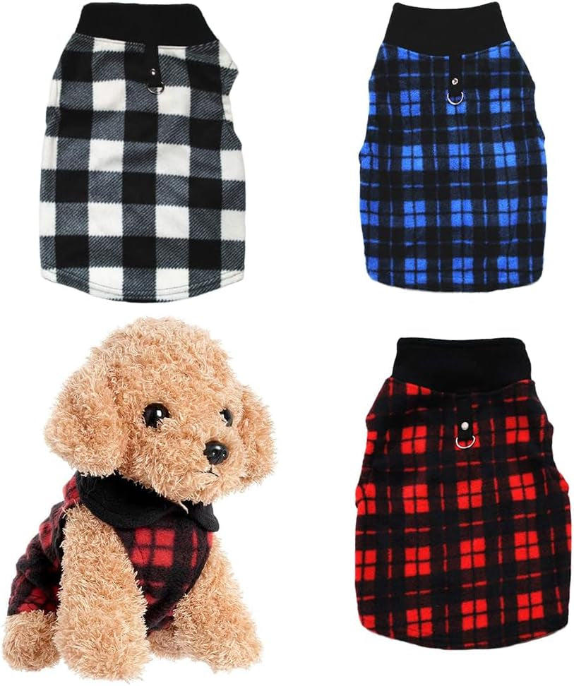 Dog Sweater 3 Pcs, Soft Fleece Vest with Leash Ring Pullover Jacket Winter Pet Dog Clothes for Puppy Small Dogs Cats Teddy Chihuahua Yorkshire (Plaid,M)