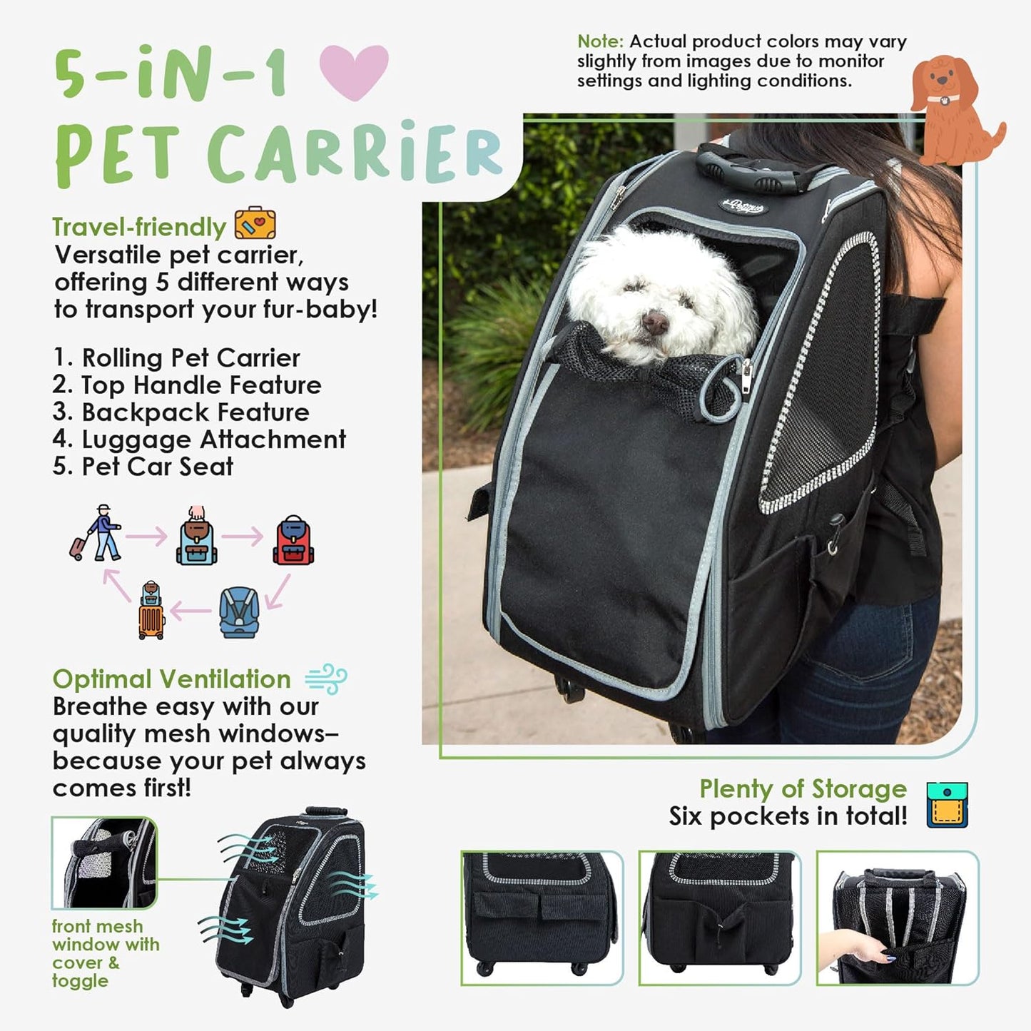 5-In-1 PET Carrier, Features: Rolling, Top Handle, Backpack, Luggage Attachment, Car Seat All in ONE for Small to Medium Dog, Cat, Bunny, Supports Pets up to 25LBS - Pepper