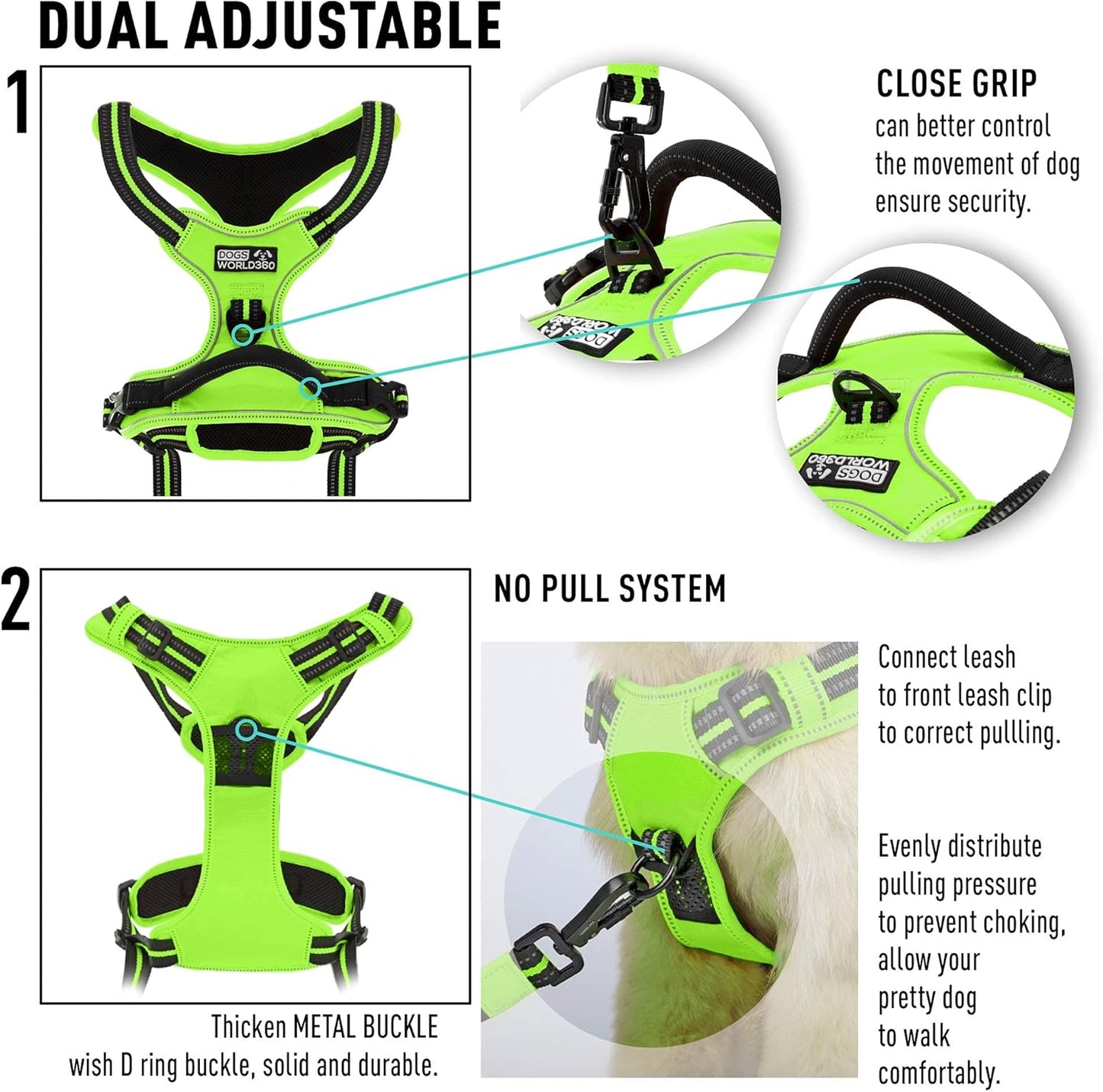 No Pull Dog Harness | Heavy-Duty Soft Padded Dog Vest | Adjustable Dog Vest Harness Harness for Dogs with 2 Leash Clips and Reflective Strips (Medium, Green)