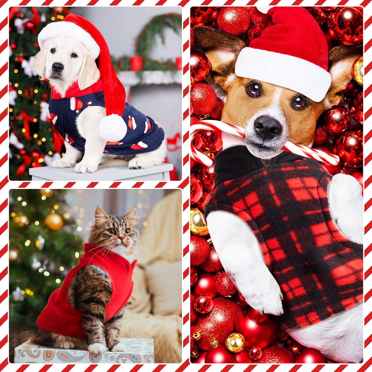 3 Pieces Christmas Small Medium Dog Sweater Pet Clothes with Leash Ring Soft Fleece Pullover Puppy Warm Sweaters Santa Hat Pattern Vest Xmas Red Plaid Winter Clothes for Cats (Medium)