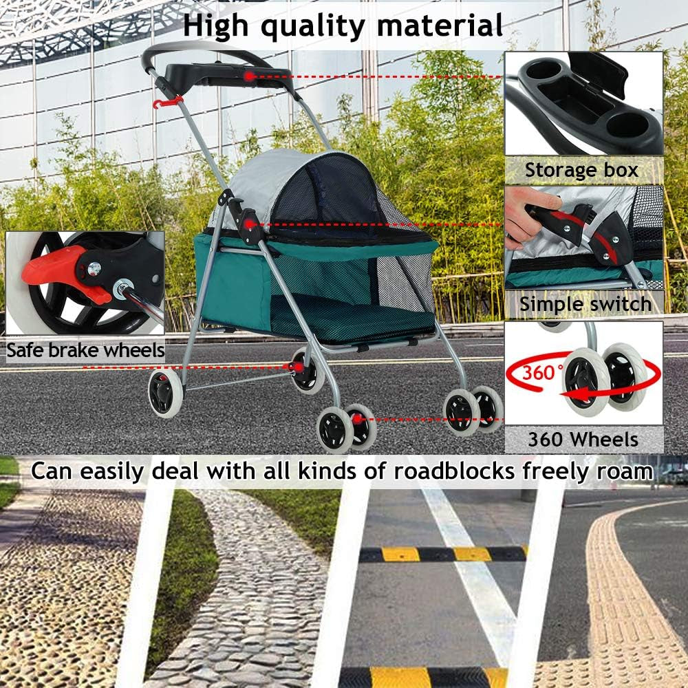 Dog Stroller Pet Stroller Cat Strollers Jogger Folding Travel Carrier Durable 4 Wheels Doggie Cage with Cup Holders 35Lbs Capacity Waterproof Puppy Strolling Cart for Small-Medium Dogs, Cats - Teal