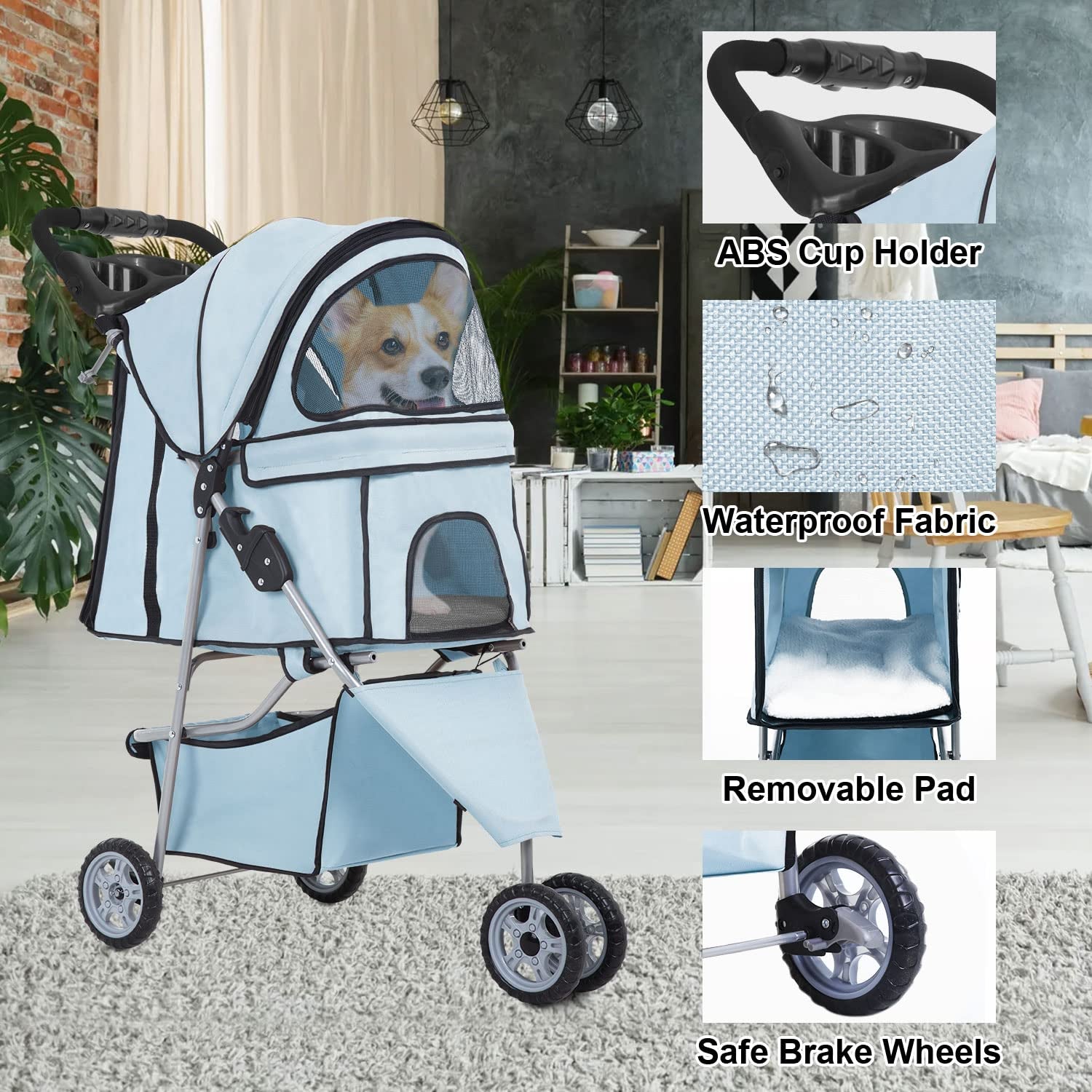 3 Wheels Pet Stroller Dog Cat Stroller for Medium Small Dogs Cats Travel Folding Carrier Waterproof Puppy Stroller with Cup Holder,Light Blue