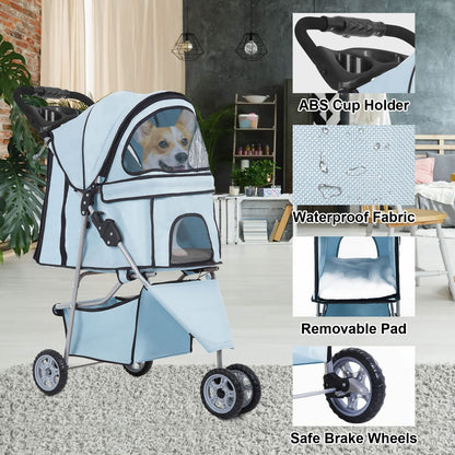 3 Wheels Pet Stroller Dog Cat Stroller for Medium Small Dogs Cats Travel Folding Carrier Waterproof Puppy Stroller with Cup Holder,Light Blue