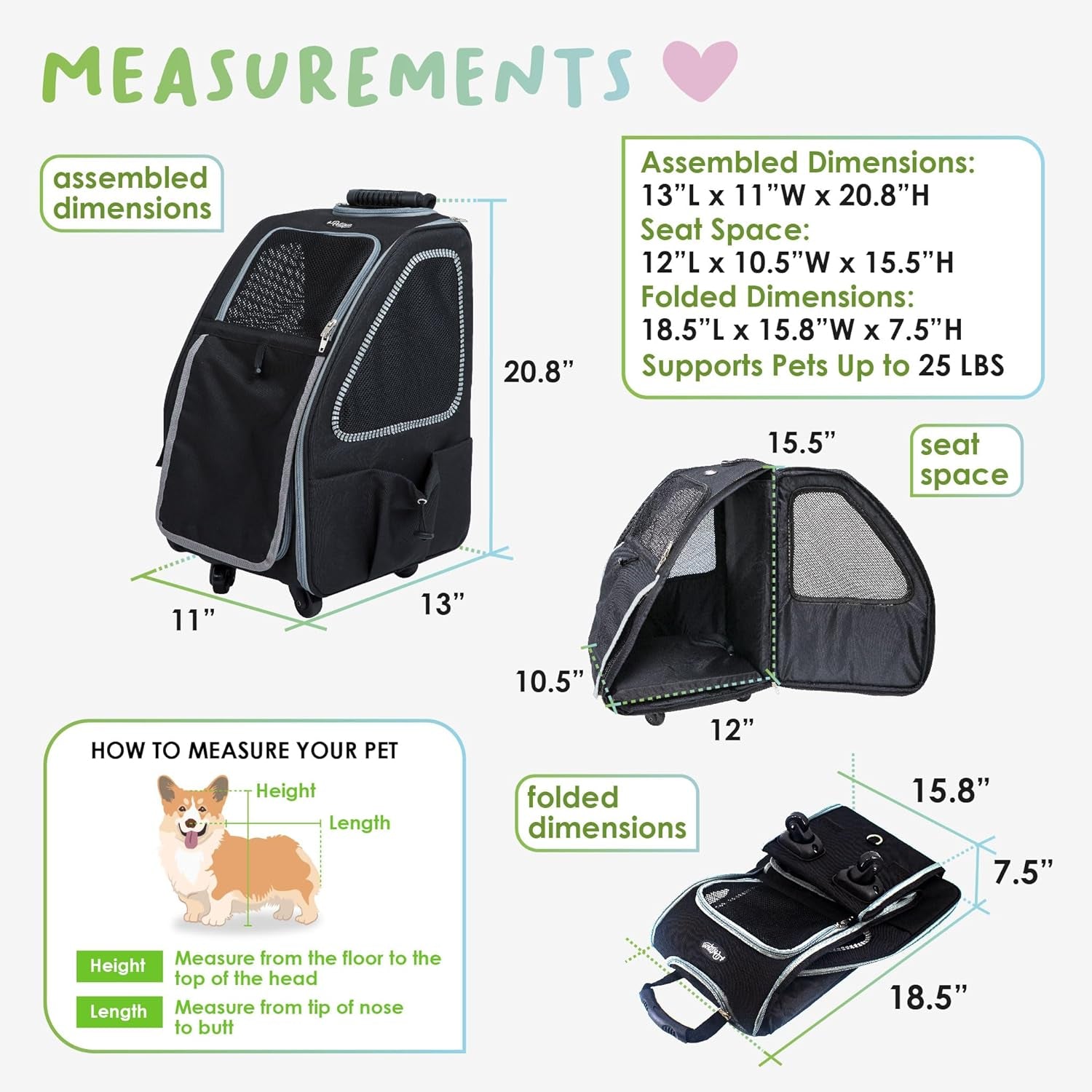 5-In-1 PET Carrier, Features: Rolling, Top Handle, Backpack, Luggage Attachment, Car Seat All in ONE for Small to Medium Dog, Cat, Bunny, Supports Pets up to 25LBS - Pepper