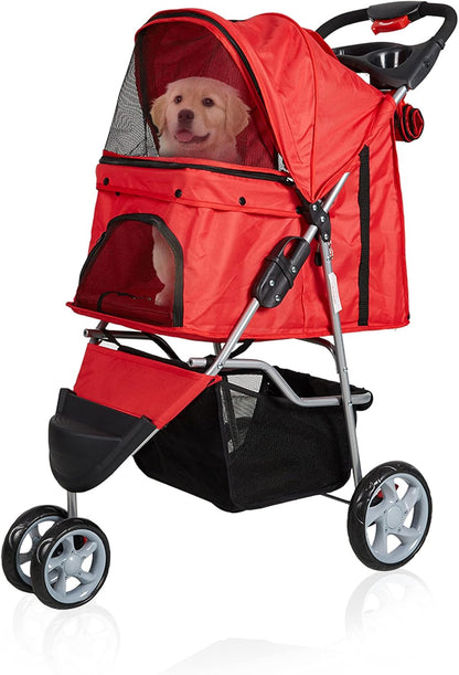 Folding Pet Stroller Elite Jogger Kitten Puppy Easy Walk Dog Cat Small Animals Travel Carrier with 360 Rotating Front Wheel Red