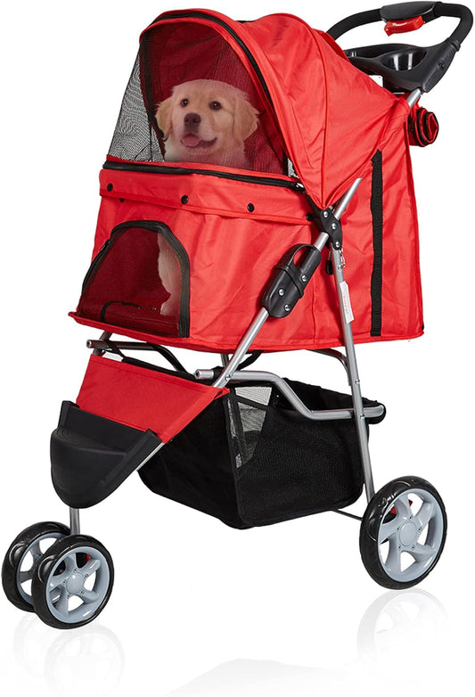 Folding Pet Stroller Elite Jogger Kitten Puppy Easy Walk Dog Cat Small Animals Travel Carrier with 360 Rotating Front Wheel Red
