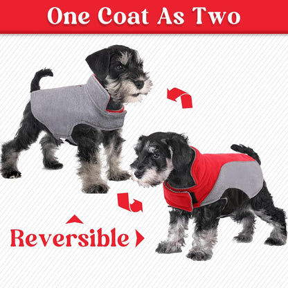 Fleece Dog Jacket, Apparel for Cold Weather, Reversible Soft Warm Dog Coat with Leash Hole, Safety Reflective Strap Adjustable Hook and Loop Puppy Clothes for Small Medium Large Pet (XS-3XL)