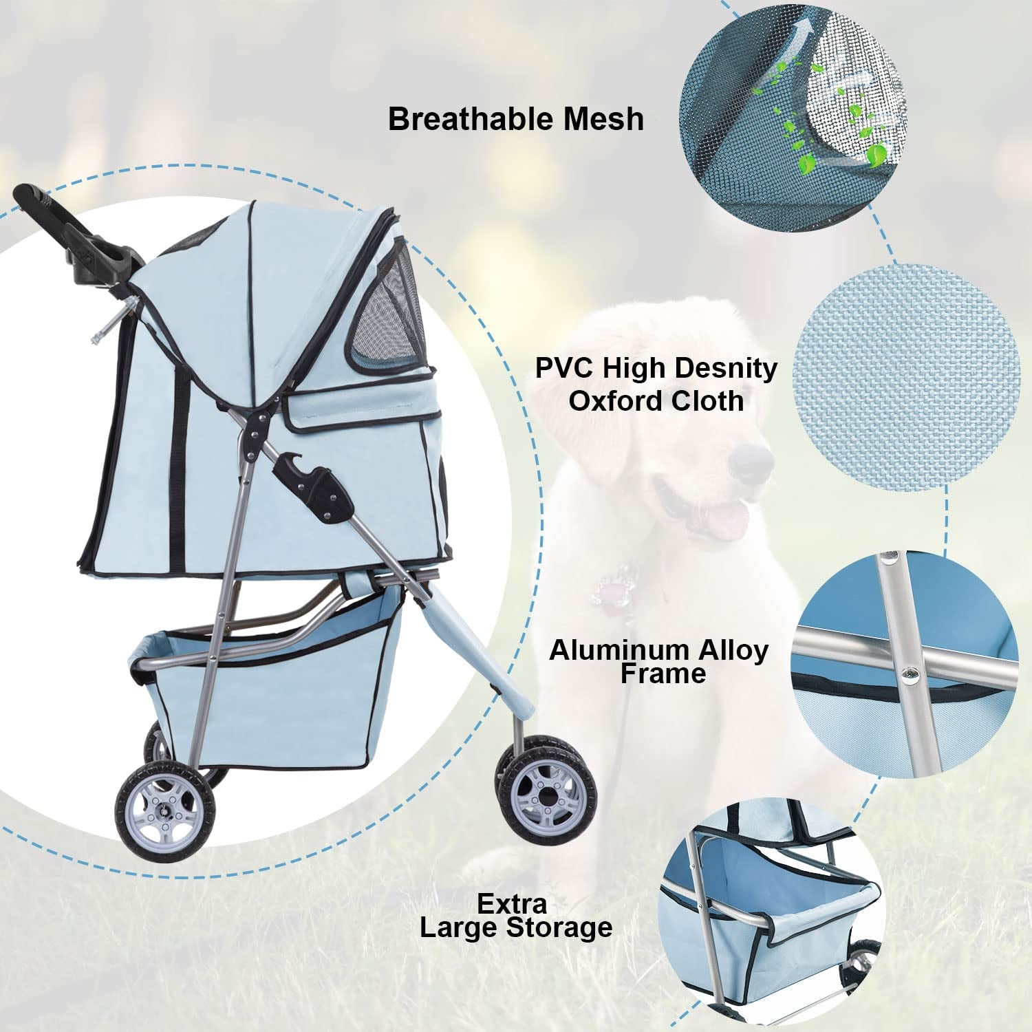3 Wheels Pet Stroller Dog Cat Stroller for Medium Small Dogs Cats Travel Folding Carrier Waterproof Puppy Stroller with Cup Holder,Light Blue