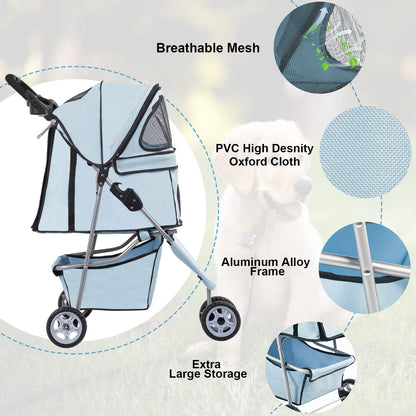 3 Wheels Pet Stroller Dog Cat Stroller for Medium Small Dogs Cats Travel Folding Carrier Waterproof Puppy Stroller with Cup Holder,Light Blue