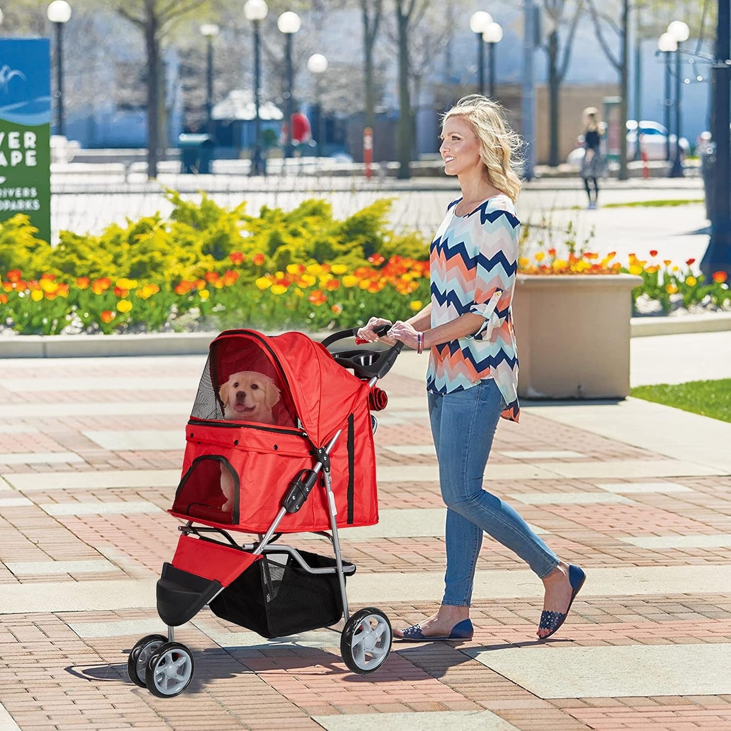 Folding Pet Stroller Elite Jogger Kitten Puppy Easy Walk Dog Cat Small Animals Travel Carrier with 360 Rotating Front Wheel Red