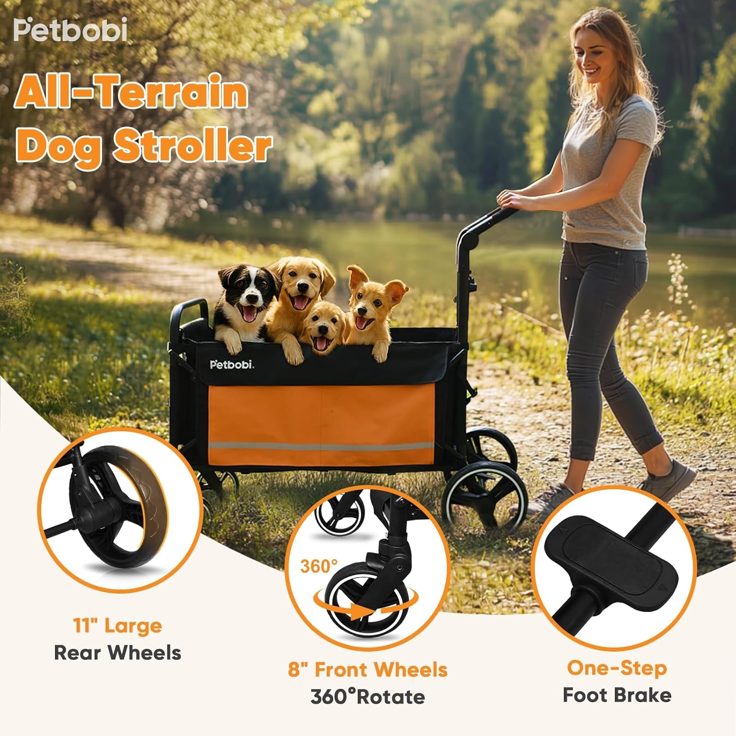 Pet Stroller for Large Dogs - Pullable All Terrain Wagon Cart, Folding Dog Stroller, One-Foot Brake Wagons with Ramp, Easy for Medium Senior Pets to Get in and Out, Ideal for Walking, Orange