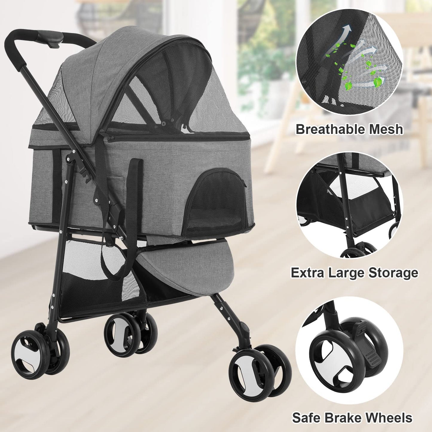 3 Wheels Pet Stroller Dog Cat Premium 3-In-1 Multifunction Stroller for Medium Small Dogs Cats Detachable Carrier Lightweight Folding Travel Stroller,Grey 15.0 Pounds 1.0 Count