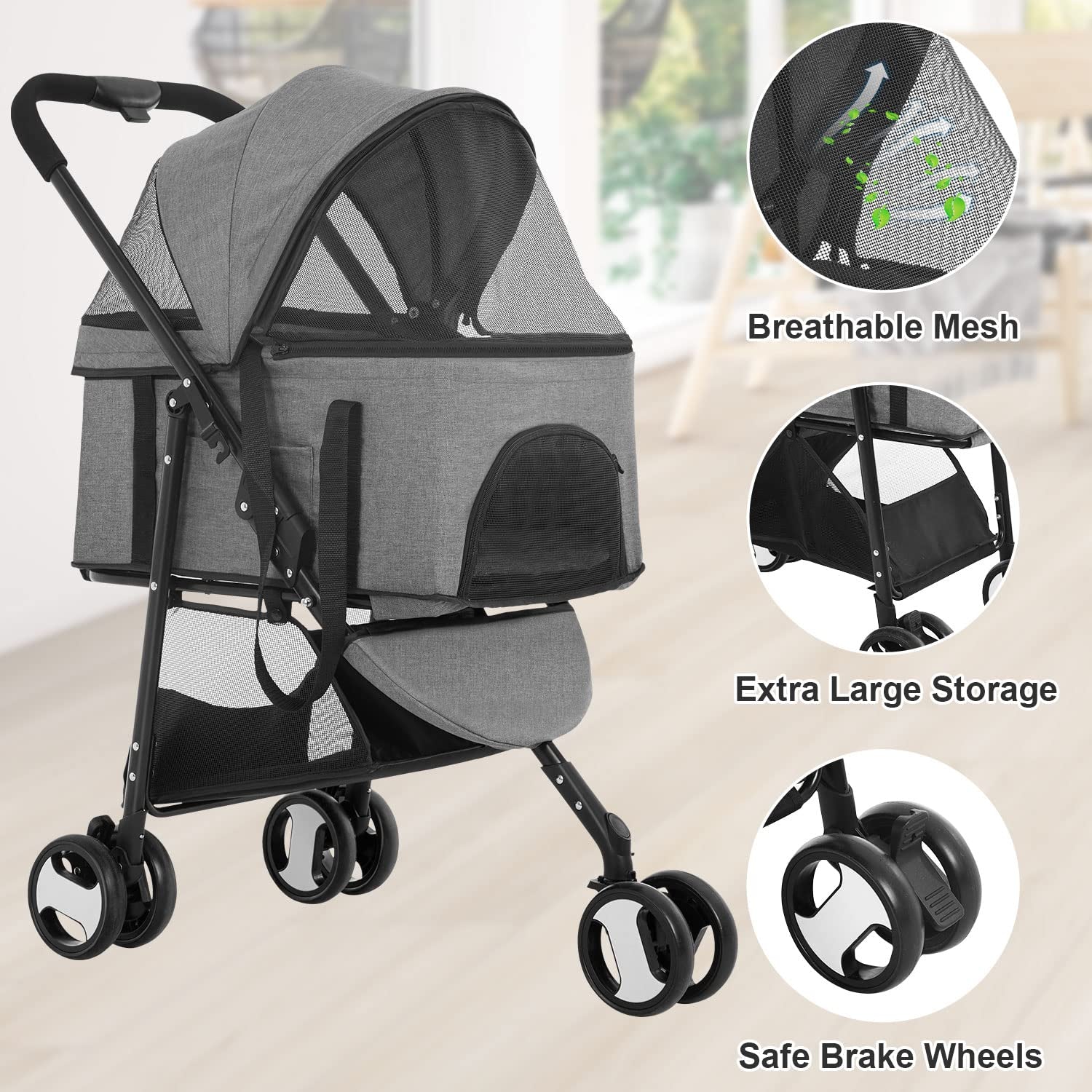 3 Wheels Pet Stroller Dog Cat Premium 3-In-1 Multifunction Stroller for Medium Small Dogs Cats Detachable Carrier Lightweight Folding Travel Stroller,Grey 15.0 Pounds 1.0 Count