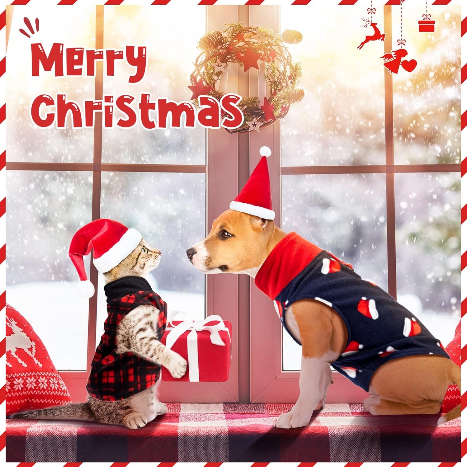 3 Pieces Christmas Small Medium Dog Sweater Pet Clothes with Leash Ring Soft Fleece Pullover Puppy Warm Sweaters Santa Hat Pattern Vest Xmas Red Plaid Winter Clothes for Cats (Medium)