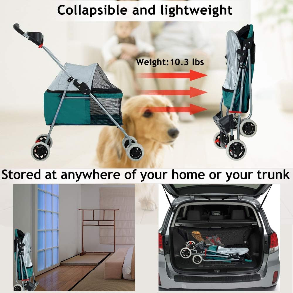 Dog Stroller Pet Stroller Cat Strollers Jogger Folding Travel Carrier Durable 4 Wheels Doggie Cage with Cup Holders 35Lbs Capacity Waterproof Puppy Strolling Cart for Small-Medium Dogs, Cats - Teal