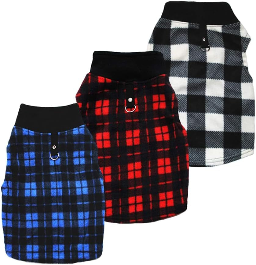 Dog Sweater 3 Pcs, Soft Fleece Vest with Leash Ring Pullover Jacket Winter Pet Dog Clothes for Puppy Small Dogs Cats Teddy Chihuahua Yorkshire (Plaid,M)
