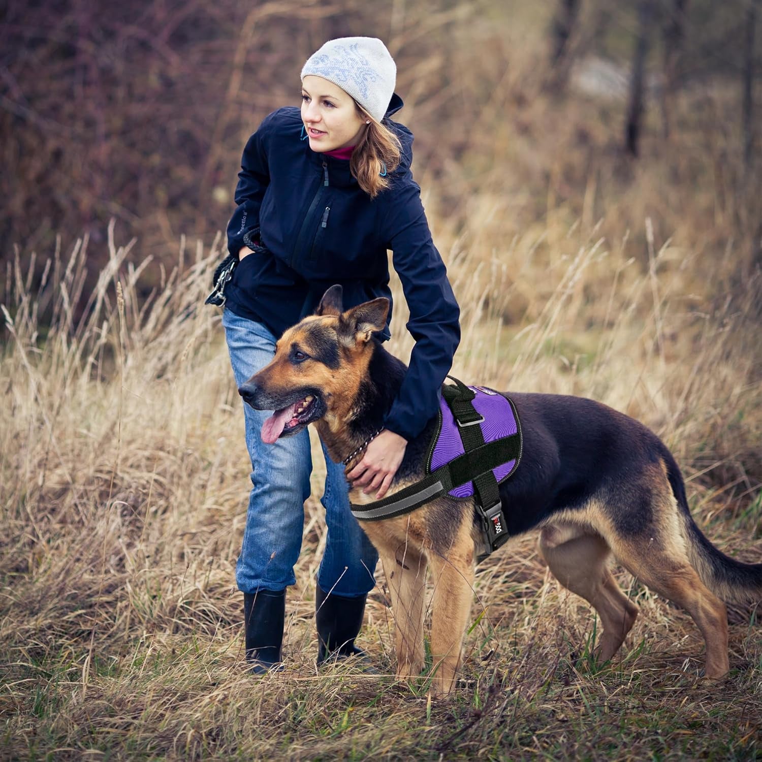 Dog Harness, Reflective No-Pull Adjustable Vest with Handle, Breathable No-Choke Harness for Small, Medium or Large Dogs Room for Patches Girth 18 to 24 in Purple