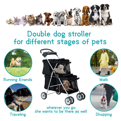 Double Pet Strollers for 2 Dogs and Cats 4 Wheel Doggie Small Medium Pets with Safety Belts Folding Portable Dog Cat Storage Basket Travel Jogger (Black), 30 X 19 40 Inch