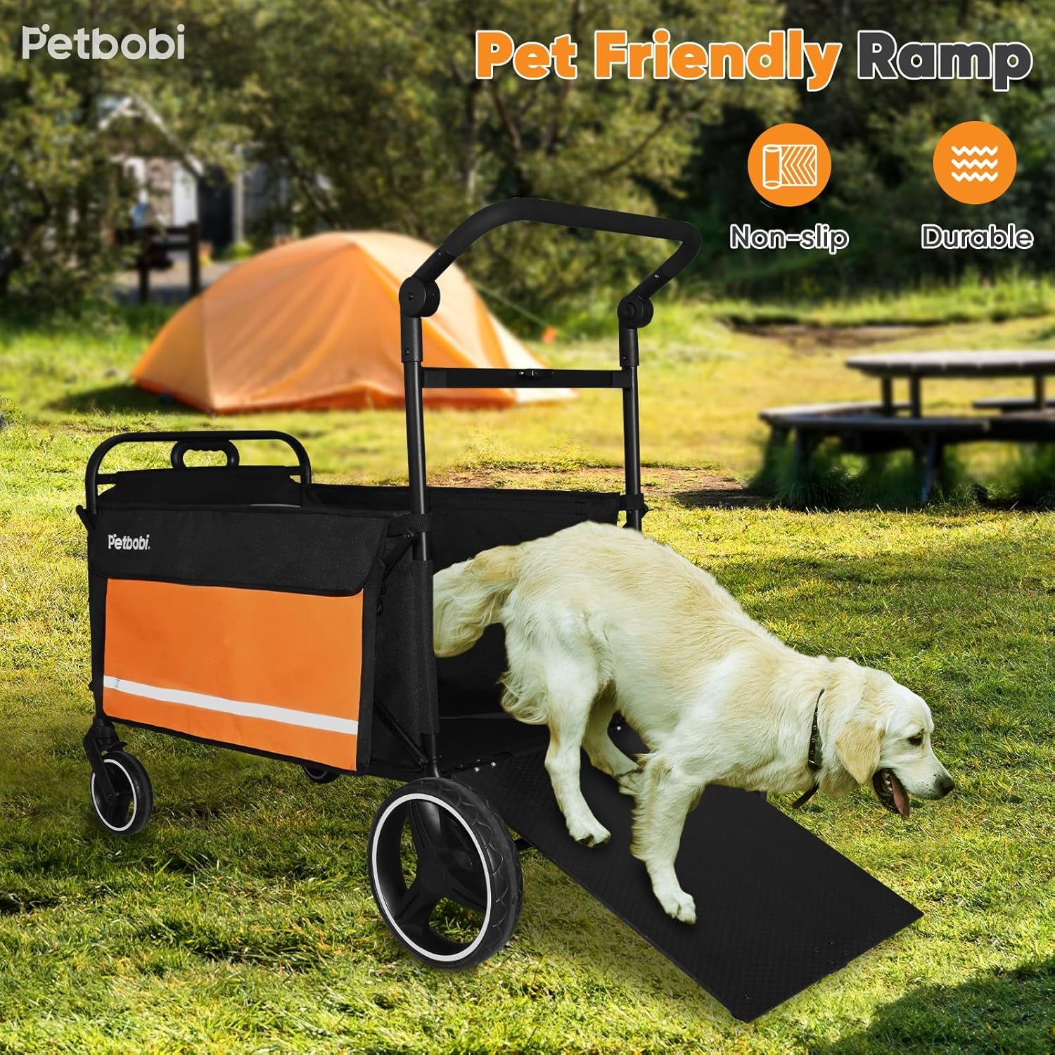 Pet Stroller for Large Dogs - Pullable All Terrain Wagon Cart, Folding Dog Stroller, One-Foot Brake Wagons with Ramp, Easy for Medium Senior Pets to Get in and Out, Ideal for Walking, Orange