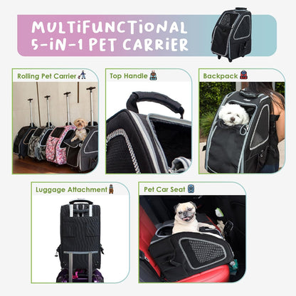 5-In-1 PET Carrier, Features: Rolling, Top Handle, Backpack, Luggage Attachment, Car Seat All in ONE for Small to Medium Dog, Cat, Bunny, Supports Pets up to 25LBS - Pepper