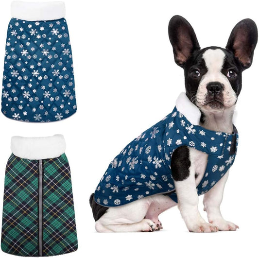 Reversible Dog Winter Coat with Furry Collar, Reflective Waterproof Dog Cold Weather Vest Jacket British Style Plaid Dogs Warm Clothes Small Medium Large Dogs Costume for Indoor/Outdoor Use