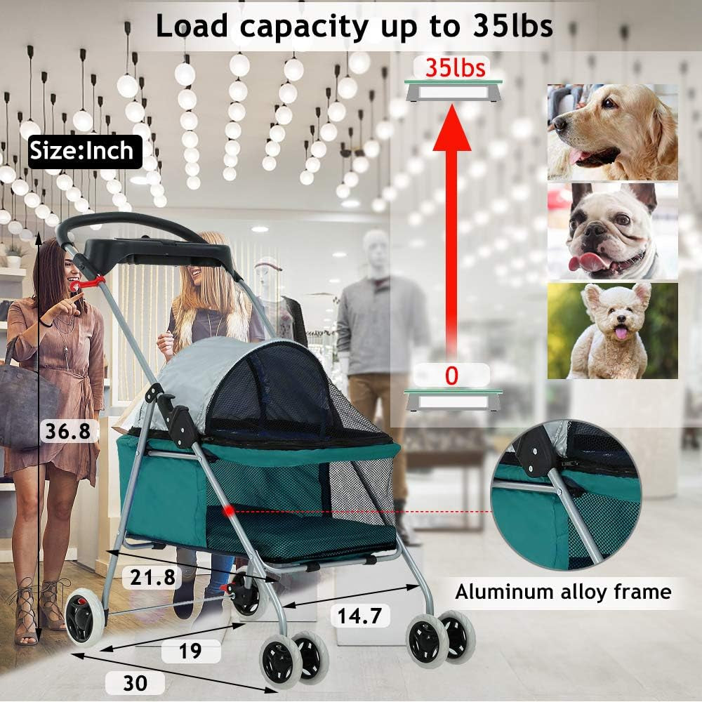 Dog Stroller Pet Stroller Cat Strollers Jogger Folding Travel Carrier Durable 4 Wheels Doggie Cage with Cup Holders 35Lbs Capacity Waterproof Puppy Strolling Cart for Small-Medium Dogs, Cats - Teal