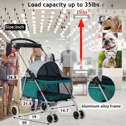 Dog Stroller Pet Stroller Cat Strollers Jogger Folding Travel Carrier Durable 4 Wheels Doggie Cage with Cup Holders 35Lbs Capacity Waterproof Puppy Strolling Cart for Small-Medium Dogs, Cats - Teal