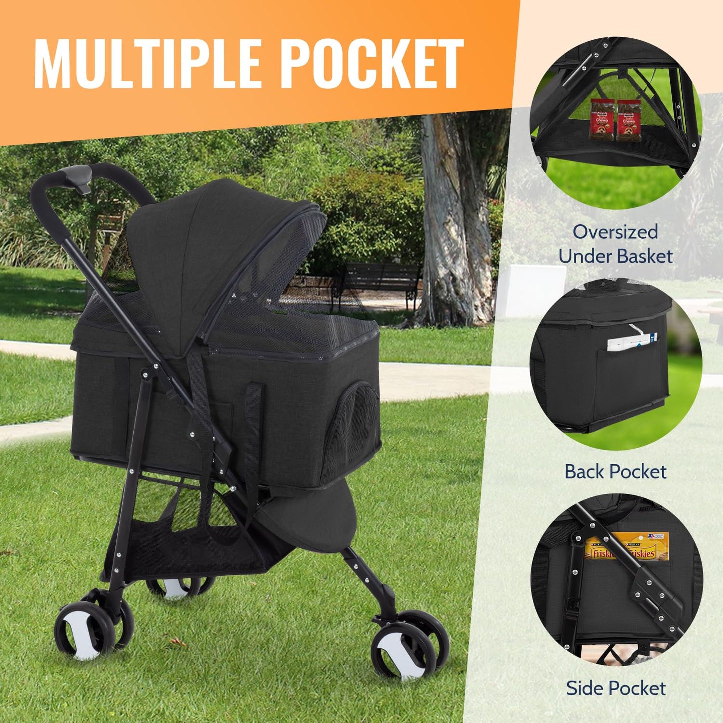3-Wheels Multi-Function Pet Stroller - Lightweight Travel Jogging Stroller for Small and Medium-Sized Pets, Black