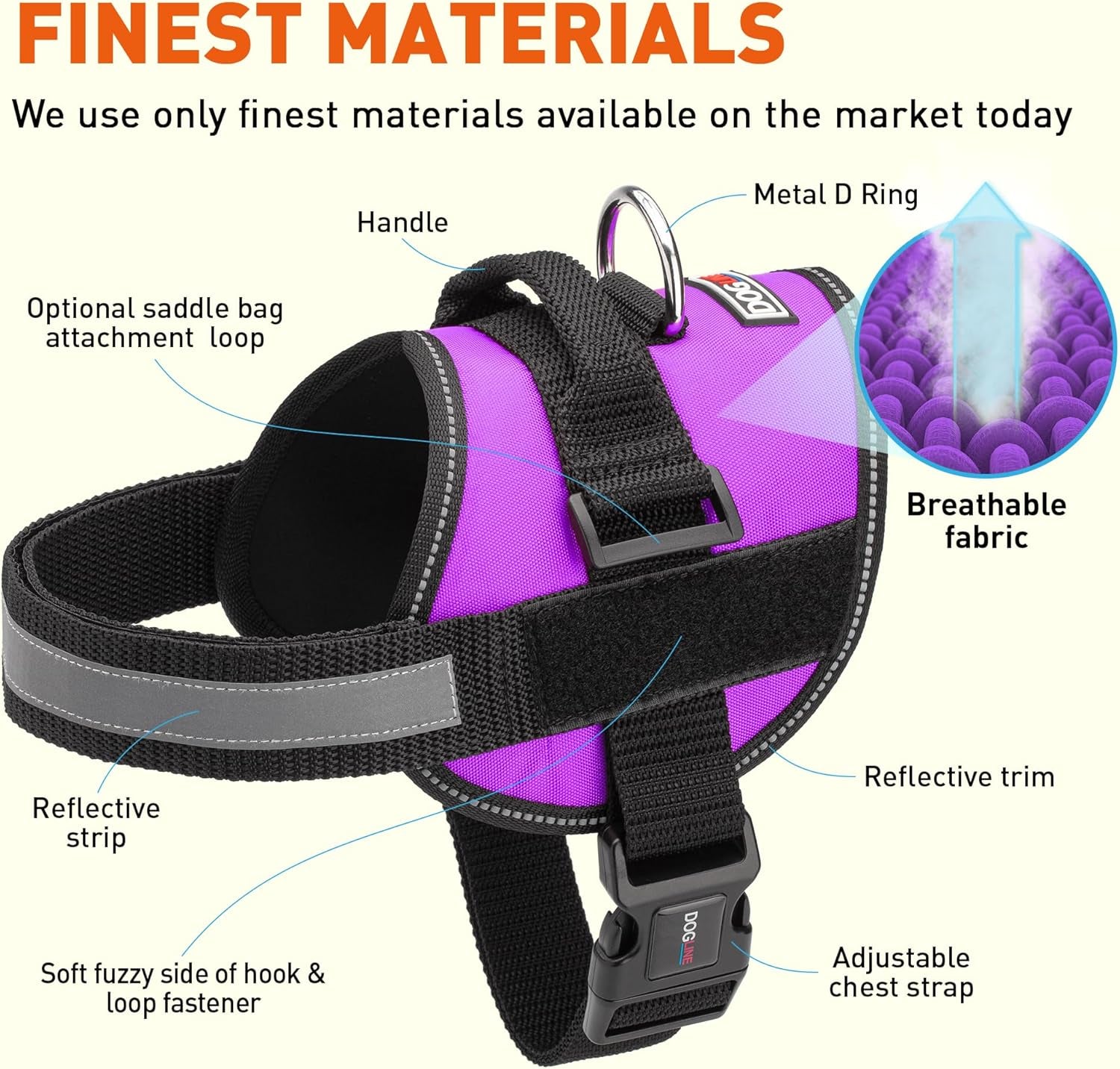 Dog Harness, Reflective No-Pull Adjustable Vest with Handle, Breathable No-Choke Harness for Small, Medium or Large Dogs Room for Patches Girth 18 to 24 in Purple