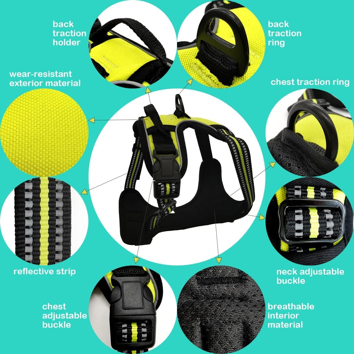 No-Pull Dog Harness Reflective Vest for Easy Walking Small Medium Large Pets (M-Medium, Yellow Green)