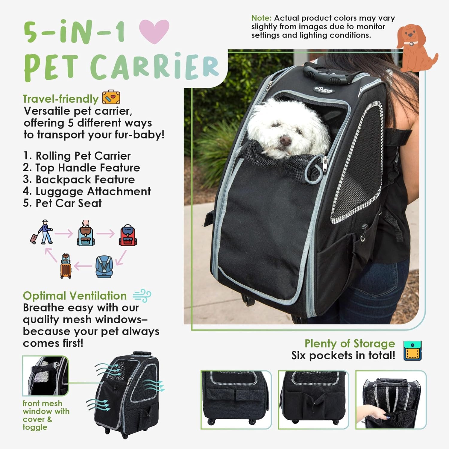 5-In-1 PET Carrier, Features: Rolling, Top Handle, Backpack, Luggage Attachment, Car Seat All in ONE for Small to Medium Dog, Cat, Bunny, Supports Pets up to 25LBS - Pepper