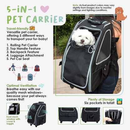 5-In-1 PET Carrier, Features: Rolling, Top Handle, Backpack, Luggage Attachment, Car Seat All in ONE for Small to Medium Dog, Cat, Bunny, Supports Pets up to 25LBS - Pepper