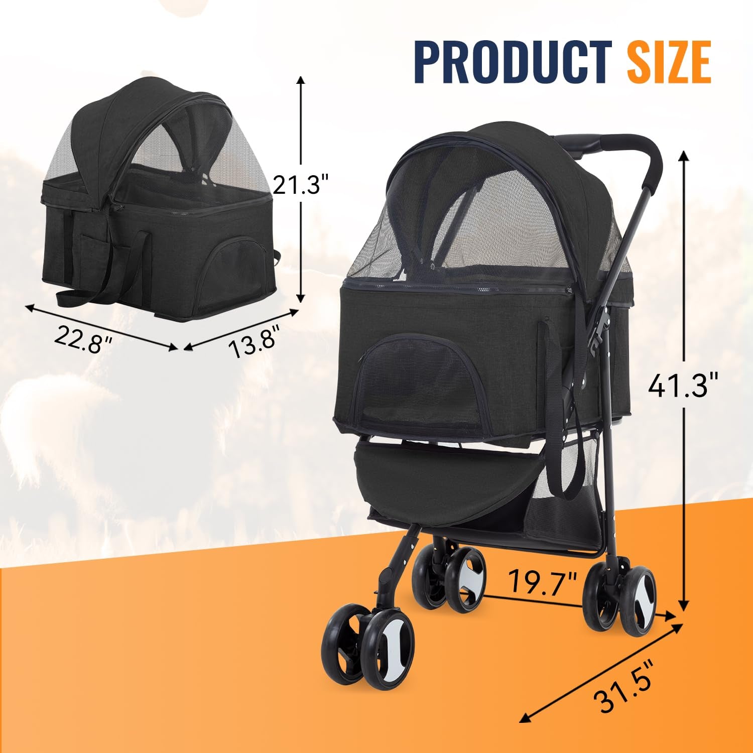 3-Wheels Multi-Function Pet Stroller - Lightweight Travel Jogging Stroller for Small and Medium-Sized Pets, Black