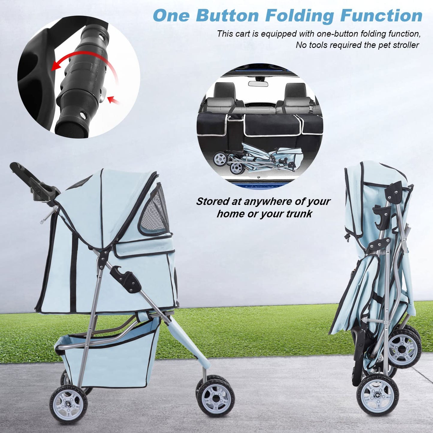 3 Wheels Pet Stroller Dog Cat Stroller for Medium Small Dogs Cats Travel Folding Carrier Waterproof Puppy Stroller with Cup Holder,Light Blue