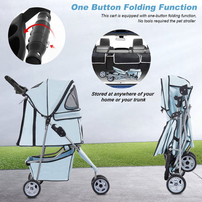 3 Wheels Pet Stroller Dog Cat Stroller for Medium Small Dogs Cats Travel Folding Carrier Waterproof Puppy Stroller with Cup Holder,Light Blue