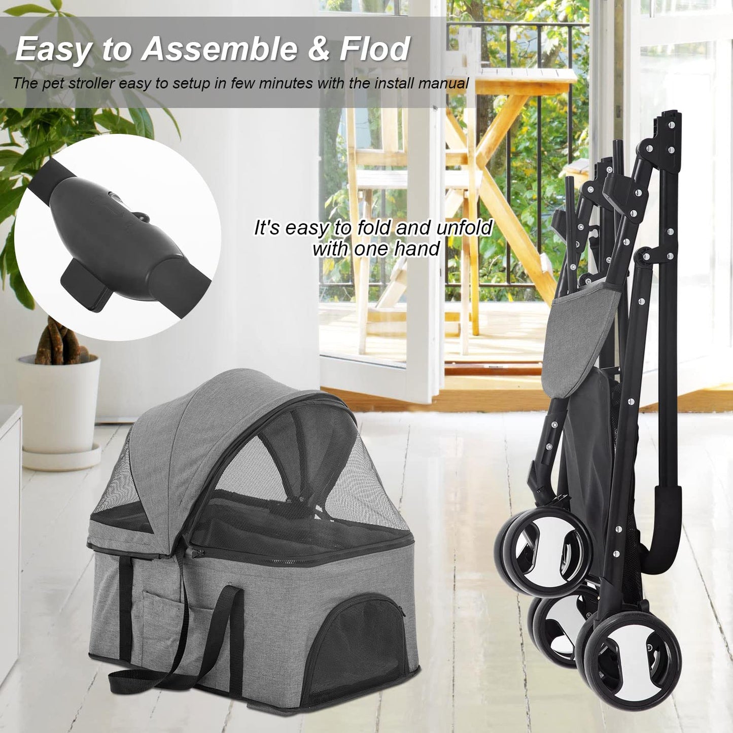 3 Wheels Pet Stroller Dog Cat Premium 3-In-1 Multifunction Stroller for Medium Small Dogs Cats Detachable Carrier Lightweight Folding Travel Stroller,Grey 15.0 Pounds 1.0 Count
