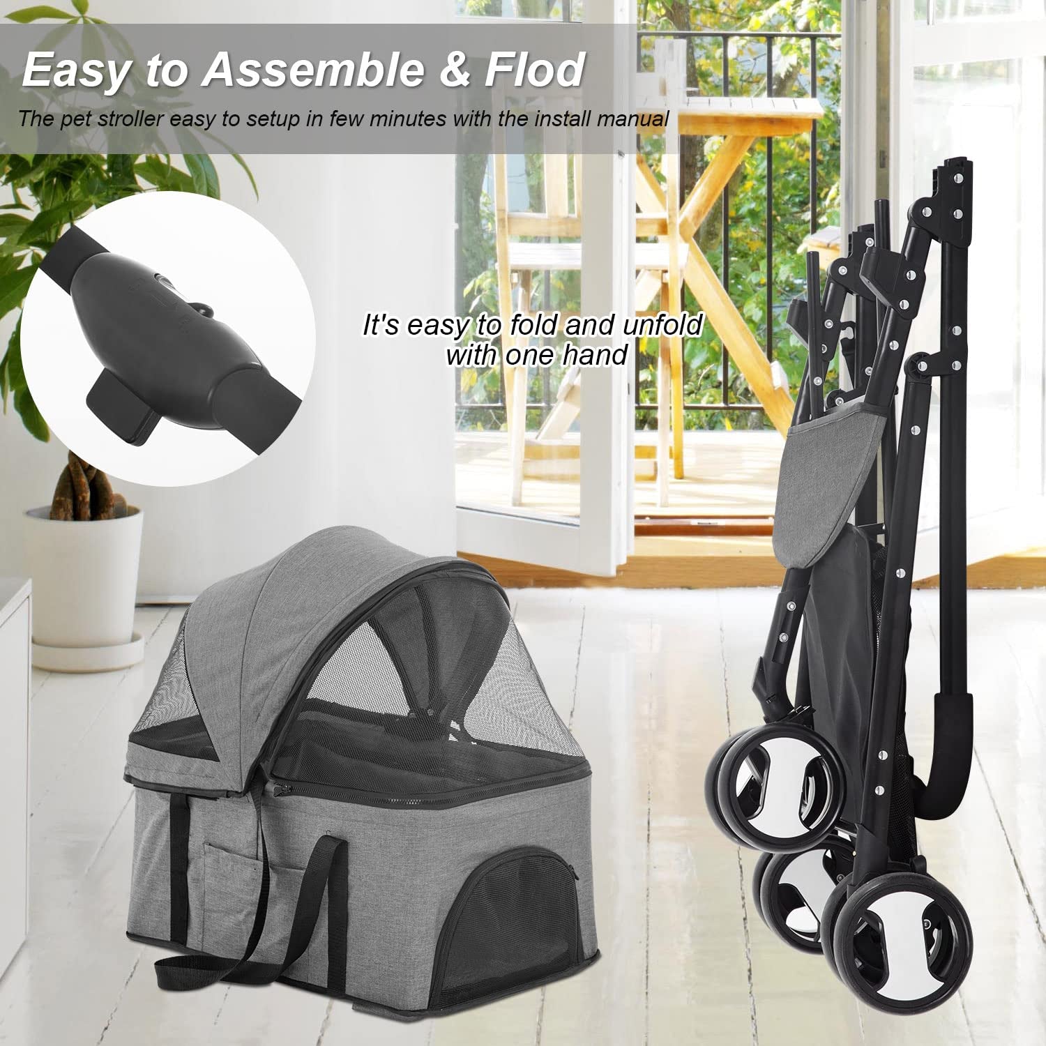 3 Wheels Pet Stroller Dog Cat Premium 3-In-1 Multifunction Stroller for Medium Small Dogs Cats Detachable Carrier Lightweight Folding Travel Stroller,Grey 15.0 Pounds 1.0 Count