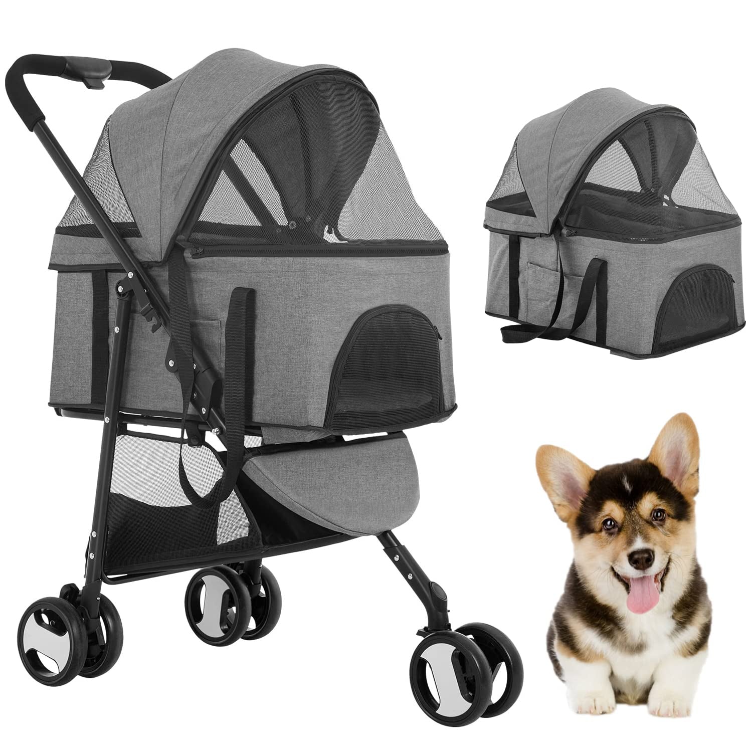 3 Wheels Pet Stroller Dog Cat Premium 3-In-1 Multifunction Stroller for Medium Small Dogs Cats Detachable Carrier Lightweight Folding Travel Stroller,Grey 15.0 Pounds 1.0 Count