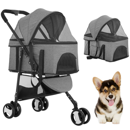 3 Wheels Pet Stroller Dog Cat Premium 3-In-1 Multifunction Stroller for Medium Small Dogs Cats Detachable Carrier Lightweight Folding Travel Stroller,Grey 15.0 Pounds 1.0 Count