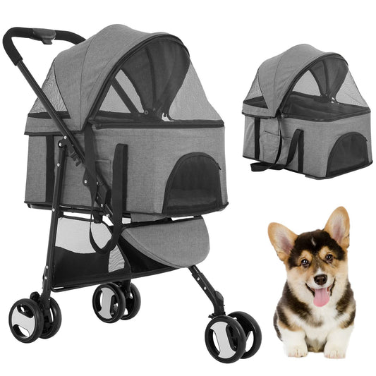3 Wheels Pet Stroller Dog Cat Premium 3-In-1 Multifunction Stroller for Medium Small Dogs Cats Detachable Carrier Lightweight Folding Travel Stroller,Grey 15.0 Pounds 1.0 Count