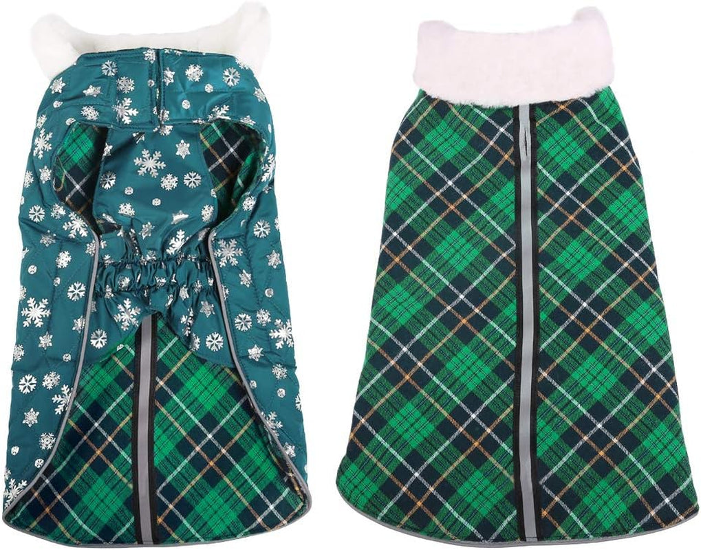 Reversible Dog Winter Coat with Furry Collar, Reflective Waterproof Dog Cold Weather Vest Jacket British Style Plaid Dogs Warm Clothes Small Medium Large Dogs Costume for Indoor/Outdoor Use