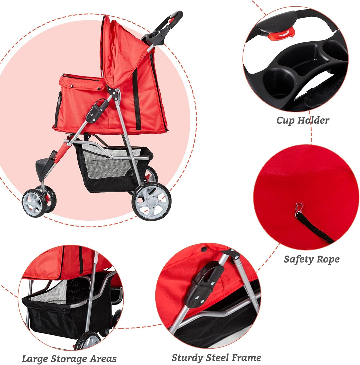 Folding Pet Stroller Elite Jogger Kitten Puppy Easy Walk Dog Cat Small Animals Travel Carrier with 360 Rotating Front Wheel Red