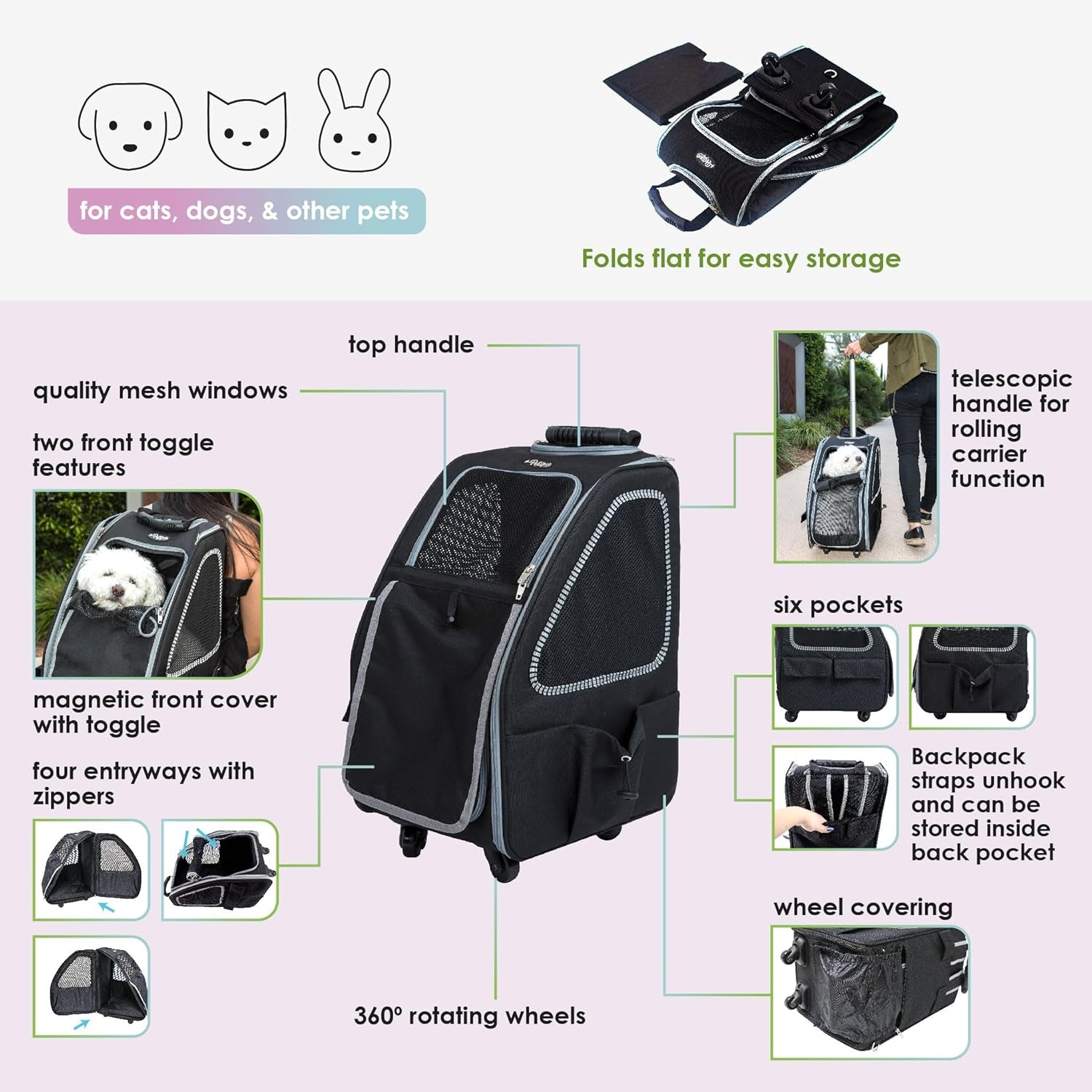 5-In-1 PET Carrier, Features: Rolling, Top Handle, Backpack, Luggage Attachment, Car Seat All in ONE for Small to Medium Dog, Cat, Bunny, Supports Pets up to 25LBS - Pepper