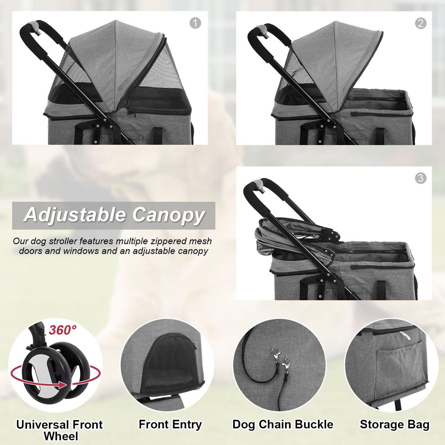 3 Wheels Pet Stroller Dog Cat Premium 3-In-1 Multifunction Stroller for Medium Small Dogs Cats Detachable Carrier Lightweight Folding Travel Stroller,Grey 15.0 Pounds 1.0 Count