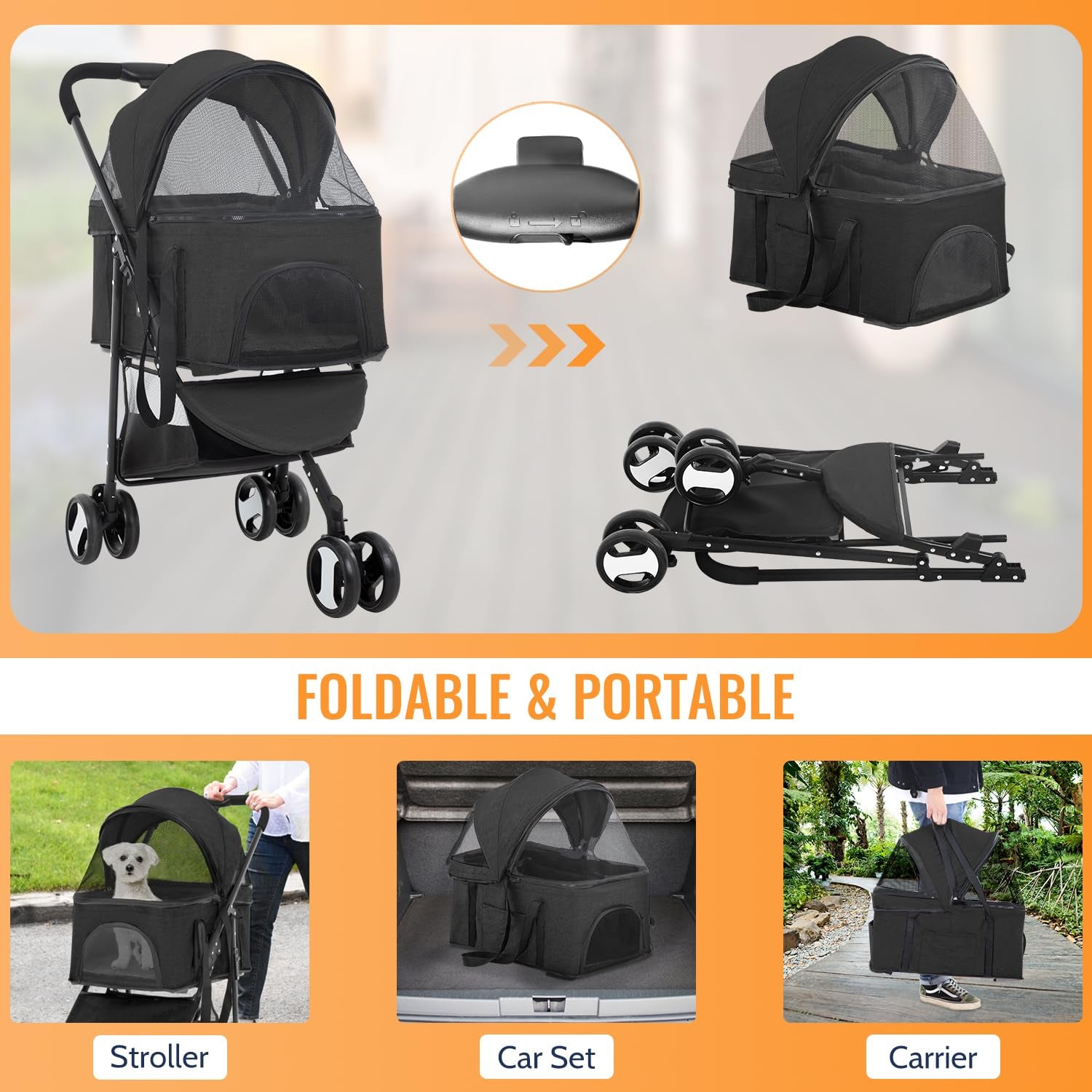 3-Wheels Multi-Function Pet Stroller - Lightweight Travel Jogging Stroller for Small and Medium-Sized Pets, Black