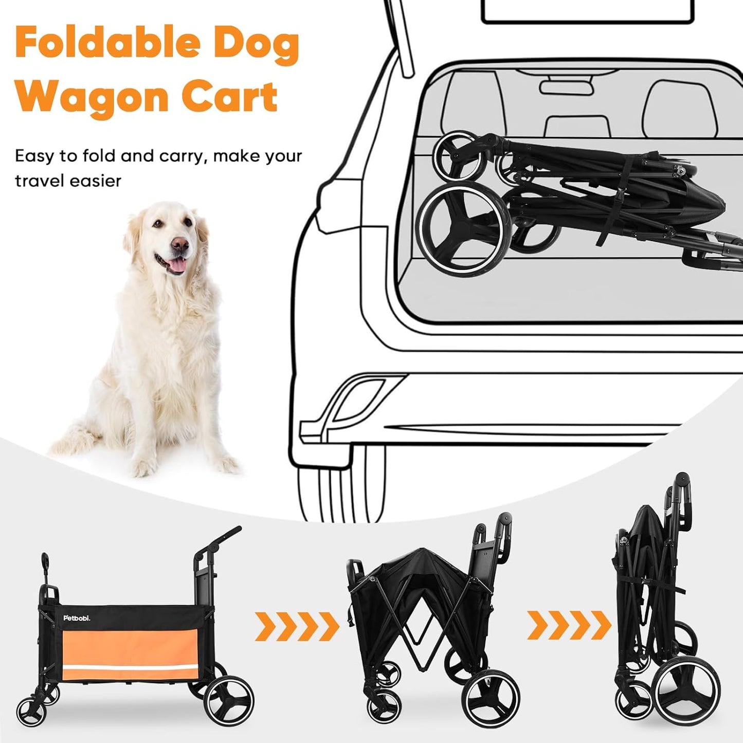Pet Stroller for Large Dogs - Pullable All Terrain Wagon Cart, Folding Dog Stroller, One-Foot Brake Wagons with Ramp, Easy for Medium Senior Pets to Get in and Out, Ideal for Walking, Orange