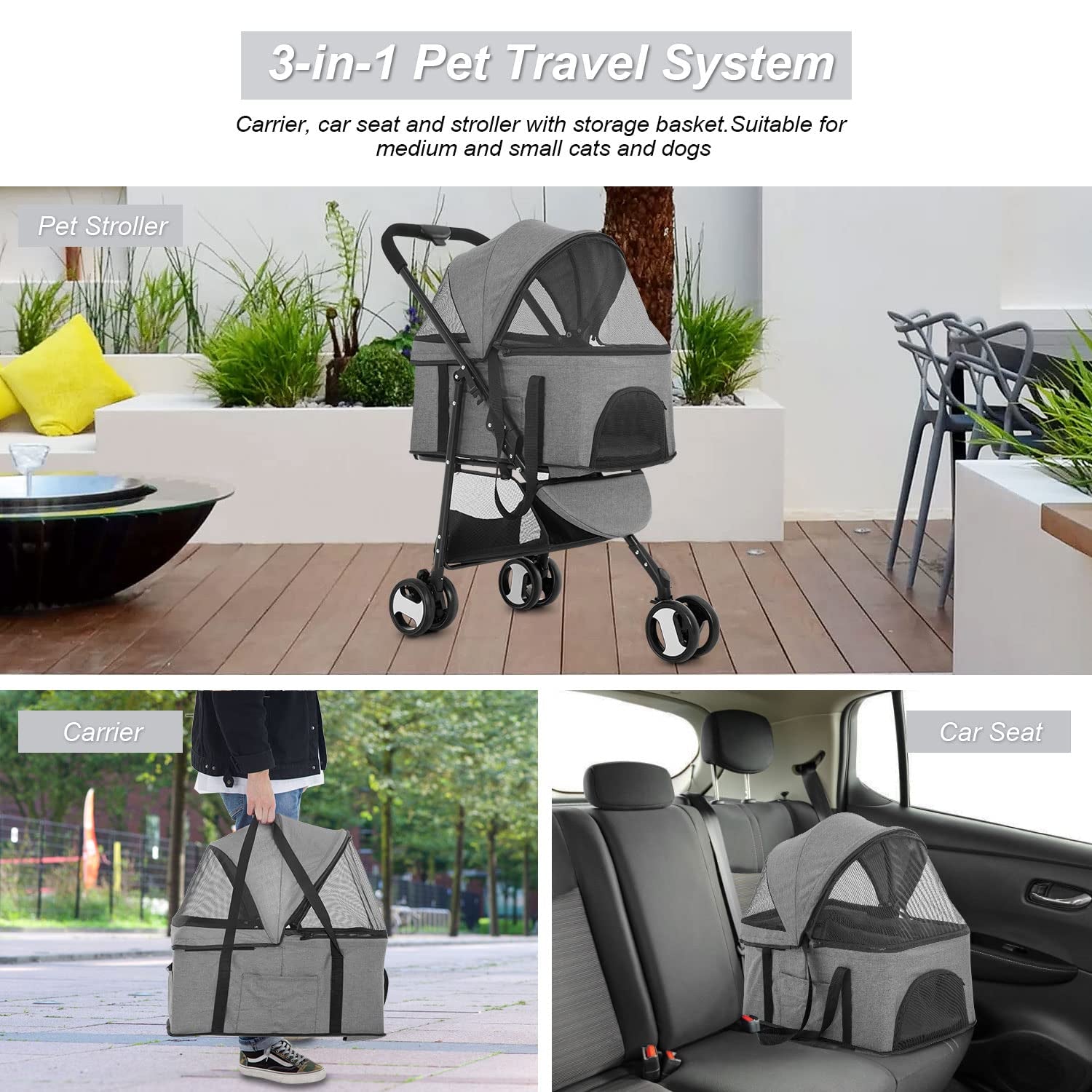 3 Wheels Pet Stroller Dog Cat Premium 3-In-1 Multifunction Stroller for Medium Small Dogs Cats Detachable Carrier Lightweight Folding Travel Stroller,Grey 15.0 Pounds 1.0 Count
