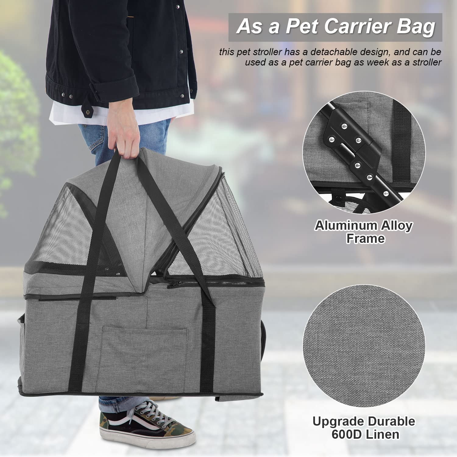 3 Wheels Pet Stroller Dog Cat Premium 3-In-1 Multifunction Stroller for Medium Small Dogs Cats Detachable Carrier Lightweight Folding Travel Stroller,Grey 15.0 Pounds 1.0 Count