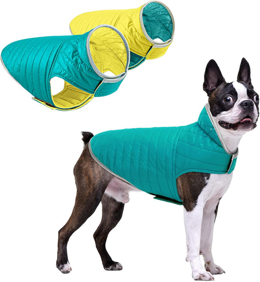 Cold Weather Dog Jacket, Reversible Waterproof Adjustable Reflective Ultra-Lightweight Dog Vest for Small, Medium, Large Dogs, Blue/Yellow Large